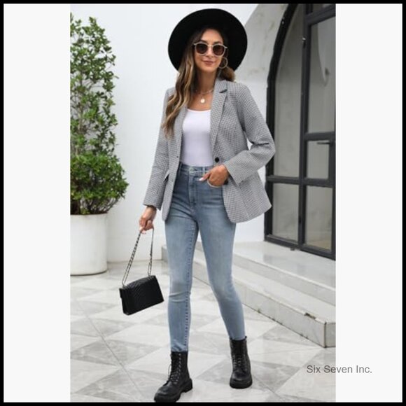 Polyester Lapel Collar Plaid Boyfriend Blazer Houndstooth Work Office Jacket - Picture 4 of 7
